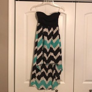 Strapless high-low dress, black/teal/white chevron